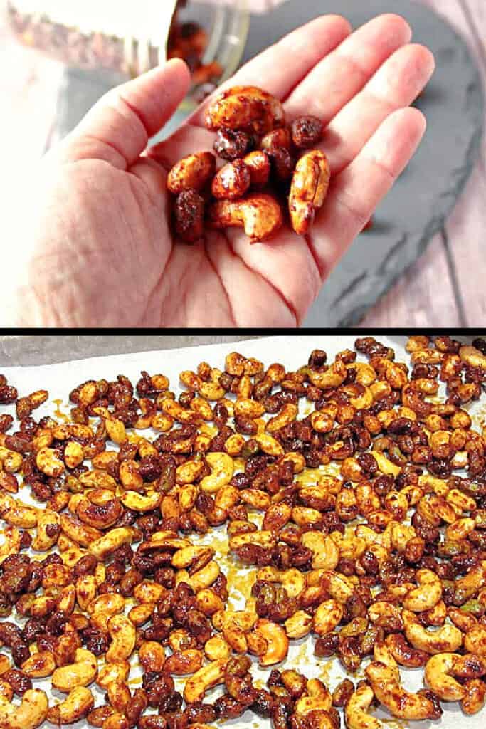 A two image vertical collage of Brown Butter Roasted Nuts with the top image being a handful of them and the bottom being a baking sheet filled with them.