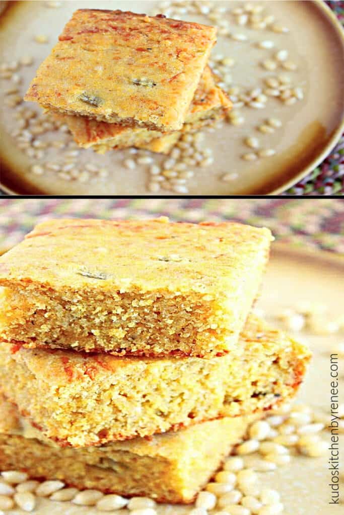 A two image vertical photo collage image of Buttermilk Green Chile Cornbread with kernels of corn on the plate along with a stack of cornbread.