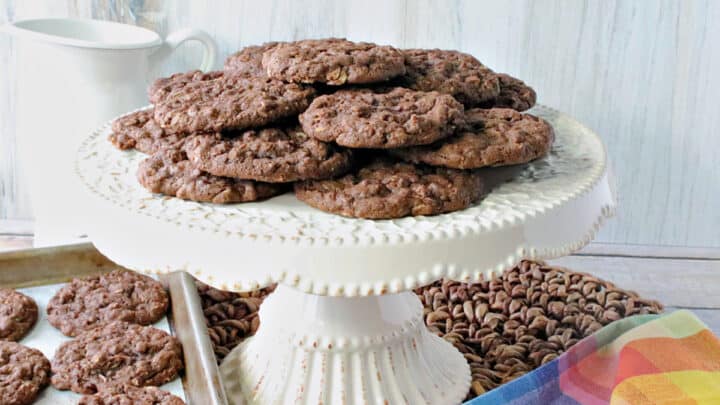 A white cake plate filled with Chocolate Oatmeal Cookies along with a colorful napkin in the foreground.