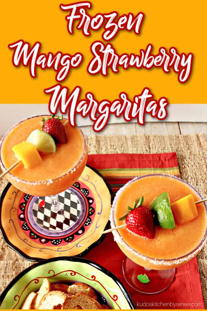 A vertical overhead image along with a title text overlay graphic for Frozen Mango Strawberry Margaritas along colorful plates and napkins.