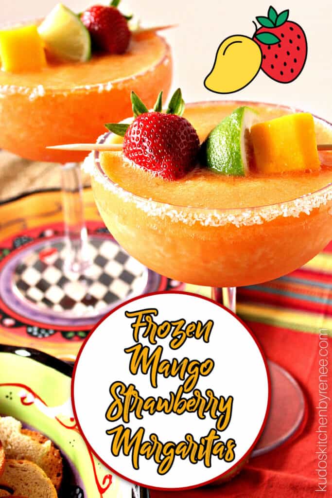 A vertical closeup image to two glasses filled with Frozen Mango Strawberry Margaritas along with a circle and a title text overlay graphic.