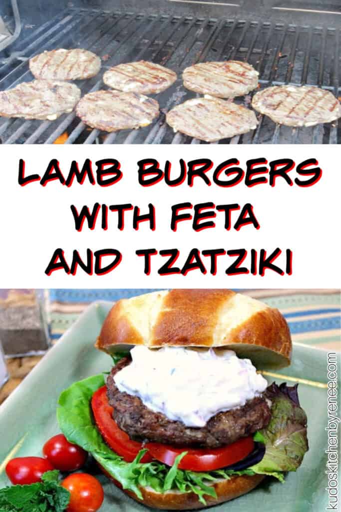 A vertical two image collage of Lamb Burgers with Feta and Tzatziki on the grill and one on a bun on a green plate.