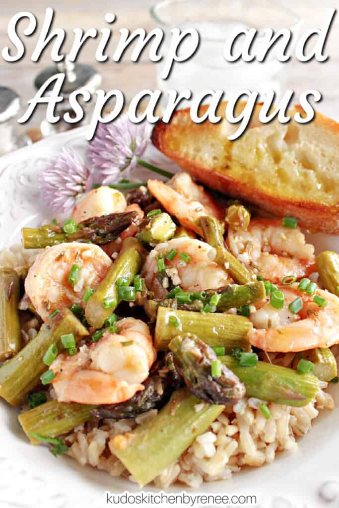 A vertical closeup image along with a title text overlay graphic for Shrimp and Asparagus along with clover flowers and chopped chives.