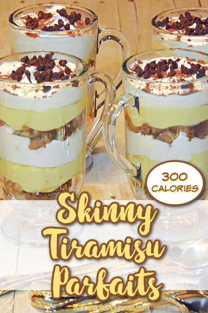 A vertical title text image of Skinny Tiramisu Parfaits with ladyfingers, whipped cream, and mini chocolate chips.