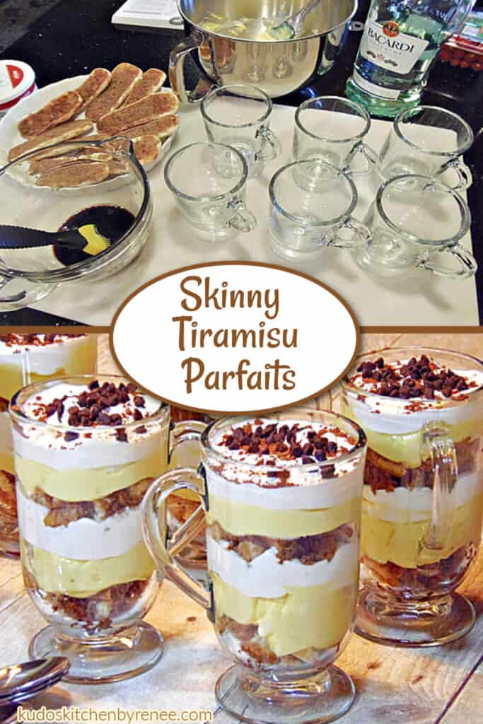 A vertical two photo collage of how to make Skinny Tiramisu Parfaits along with a title text overlay graphic.