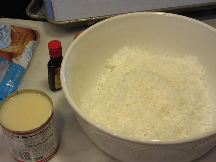 Flaked coconut in a white bowl.