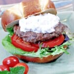 A Lamb Burger with lettuce and tomato on a green plate.