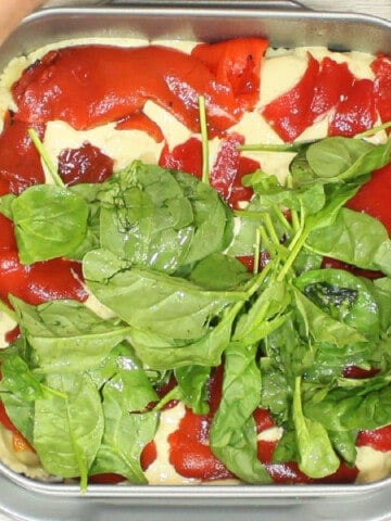 An Alfredo Ravioli Lasagna in a spring form pan.