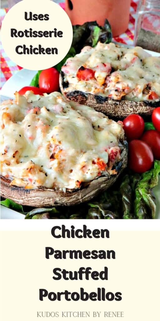A Pinterest image of Chicken Parmesan Stuffed Portobello with a title text.