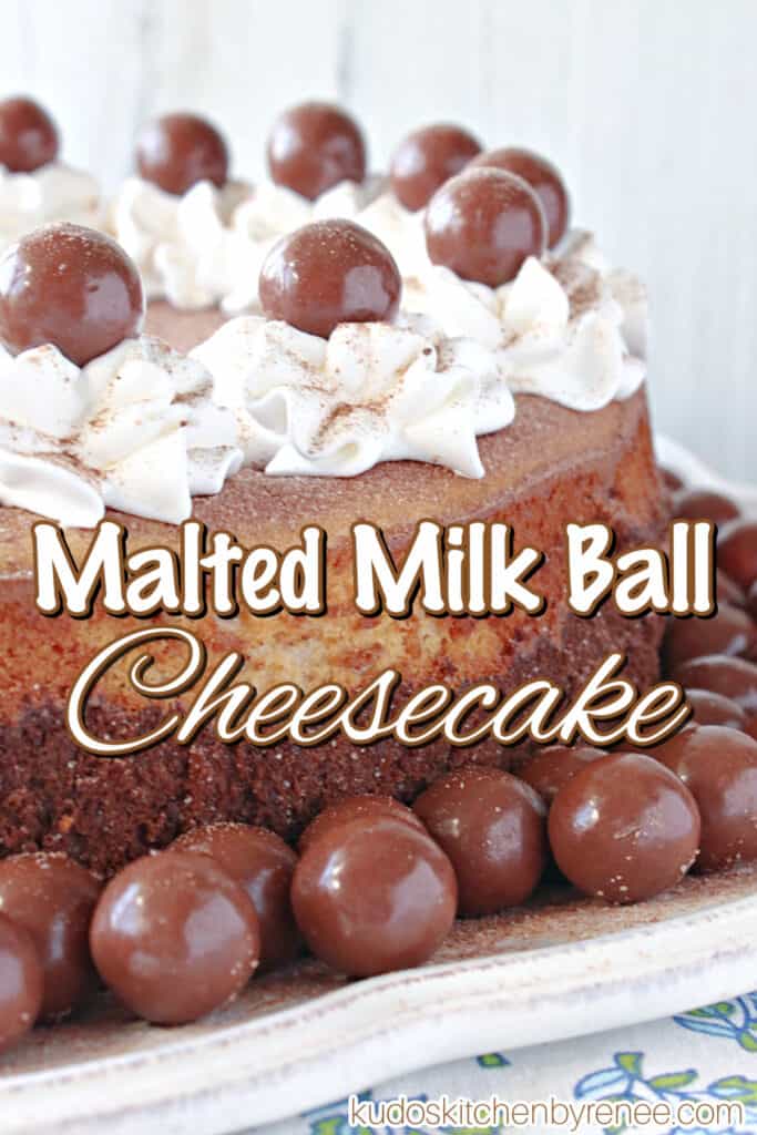 A super closeup vertical photo along with a title text overlay graphic for Malted Milk Ball Cheesecake along with whole malted milk balls and whipped cream as garnish.