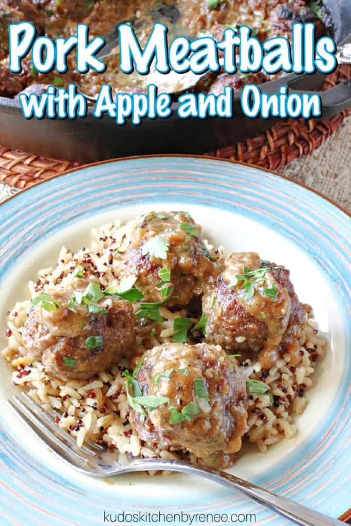 A vertical closeup along with a title text overlay graphic for Pork Meatballs with Apple and Onion on a plate with brown sauce and parsley.