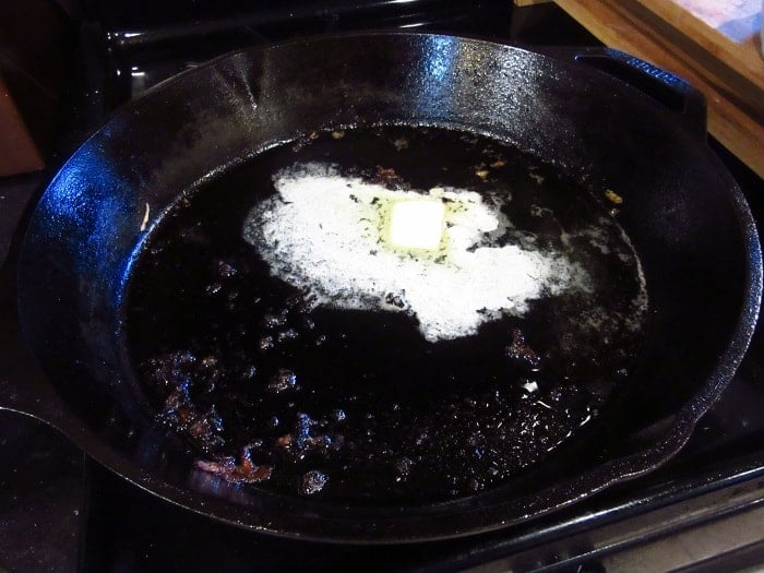 Melted butter in a cast iron skillet.
