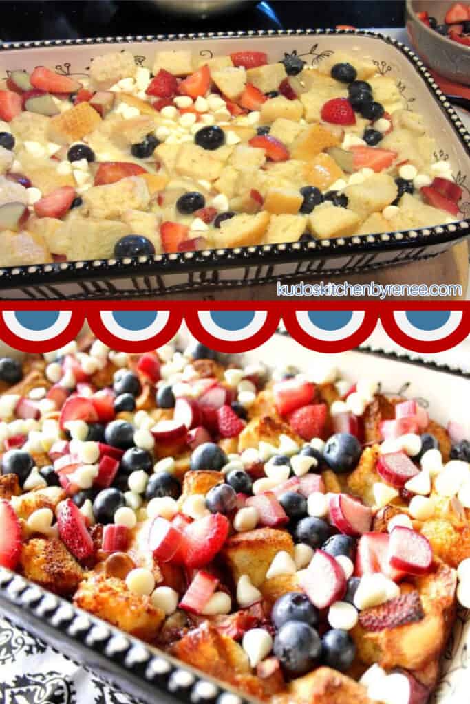 A vertical two image collage of a Red, White, and Blue Bread Pudding with a bunting boarder.