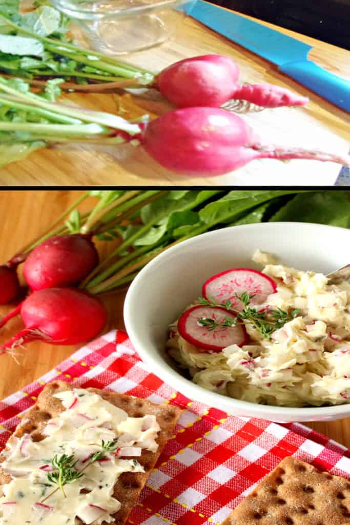 A vertical collage image of Compound Radish Butter with Fresh Thyme spread onto a cracker and in a bowl.