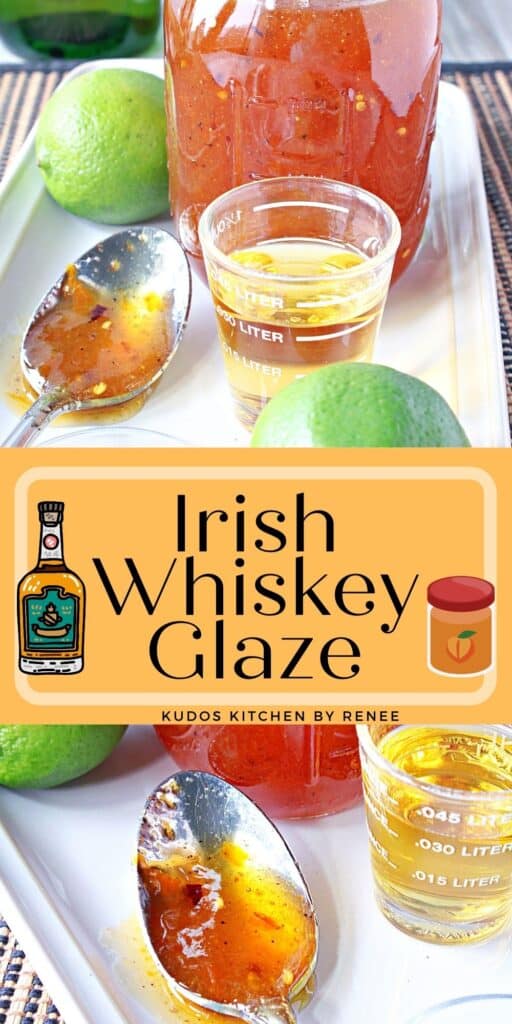 A vertical two image collage with title text overlay graphic for Irish Whiskey Glaze Recipe.