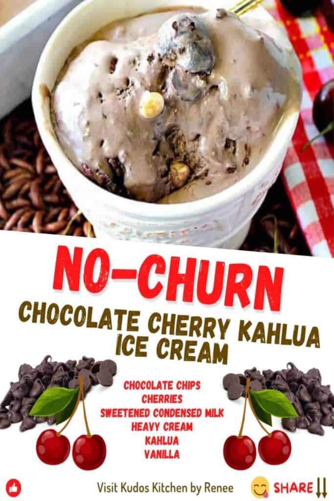 A vertical title text graphic image of No Churn Chocolate Cherry Kahlua Ice Cream with cute graphics and ingredients.