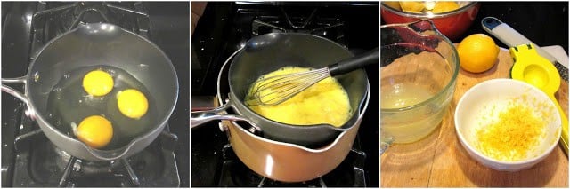 Three images of making lemon curd for Lemon Meringue Tartlets.