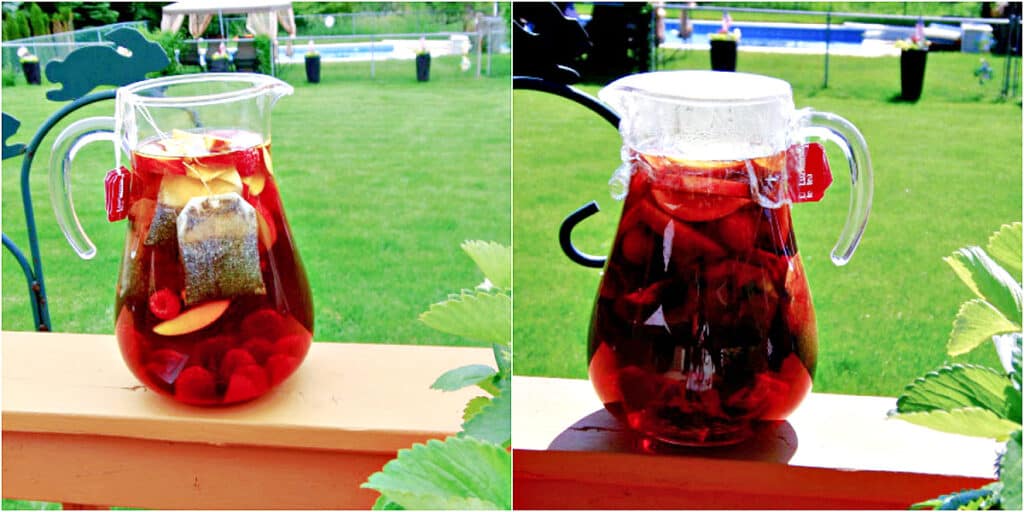 A horizontal two photo collage of Peach and Raspberry Sun Tea 