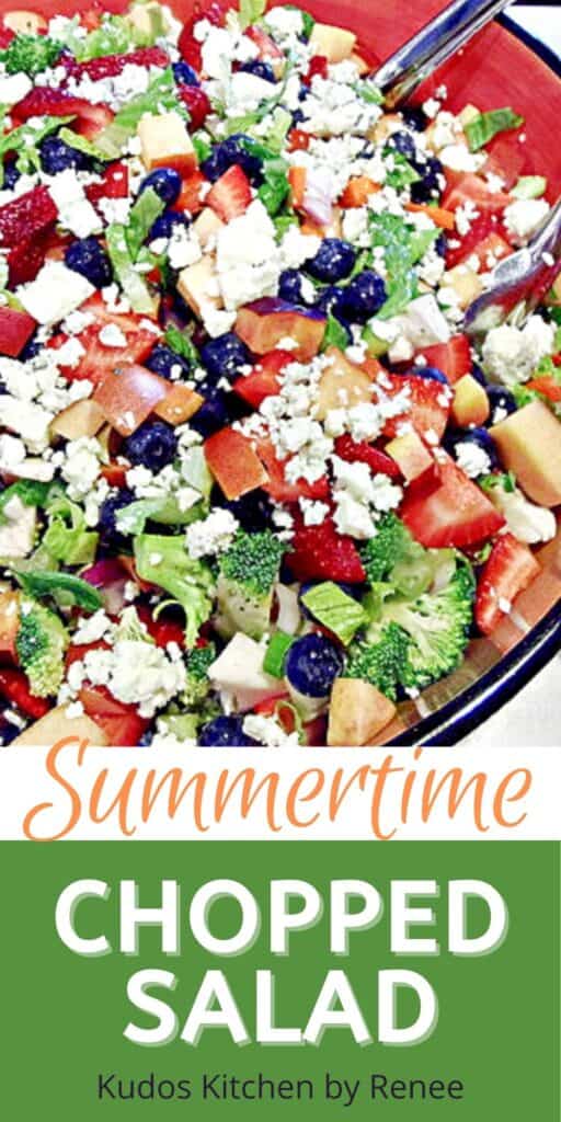 A vertical closeup image along with a title text graphic for Summertime Chopped Salad with berries, broccoli, blue cheese, and nectarines.