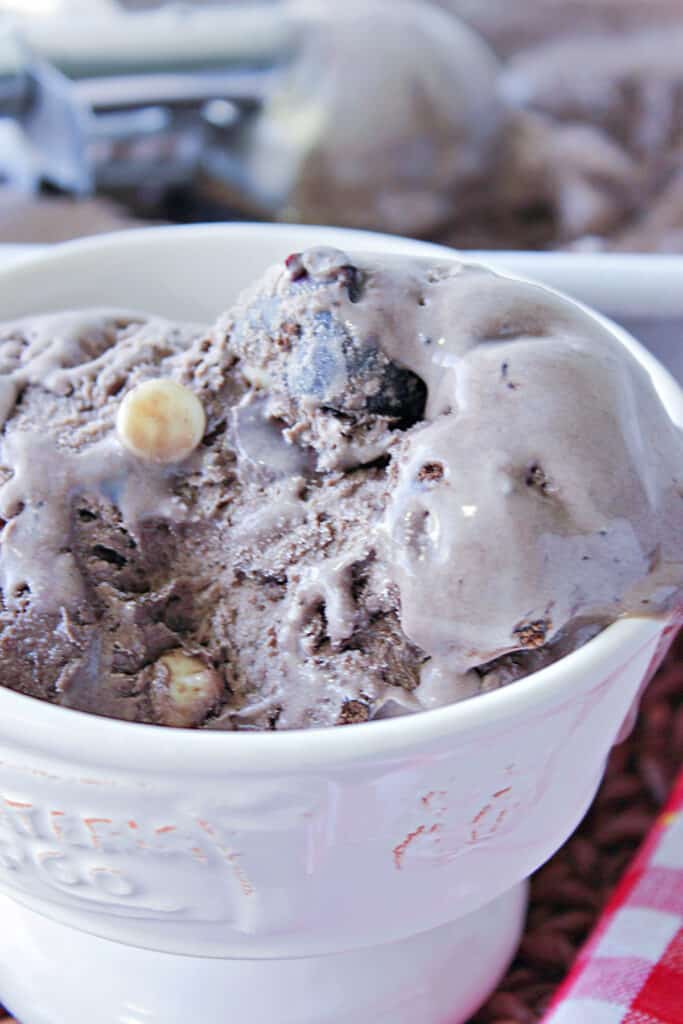 A super closeup vertical photo of a dish of Chocolate Cherry Kahlua Ice Cream with white chocolate and semi-sweet chocolate chips.