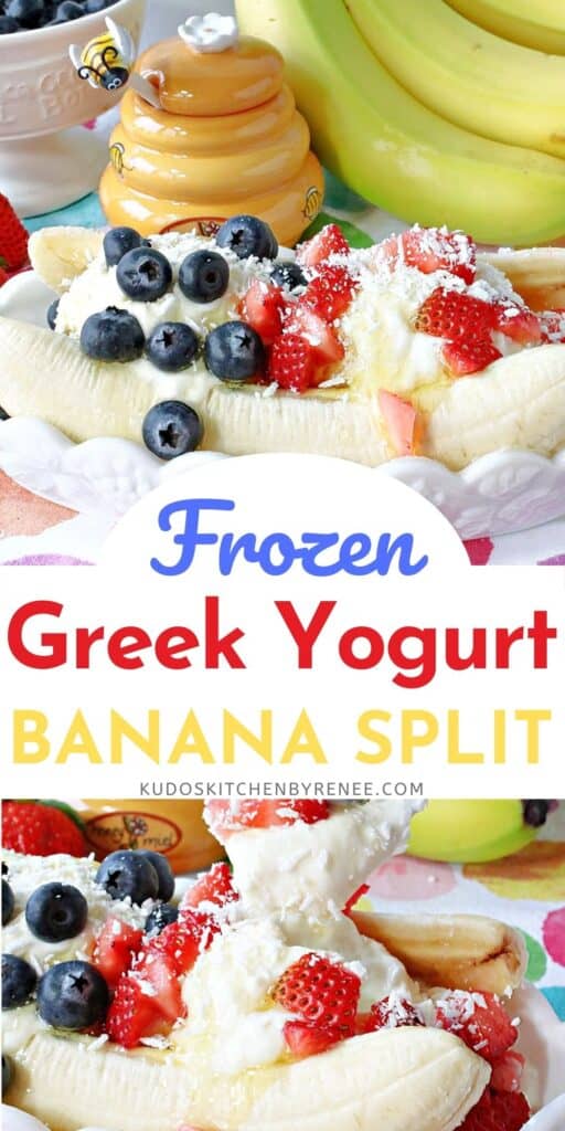 A vertical two image collage of a Frozen Greek Yogurt Banana Split along with a title text overlay graphic in the center.