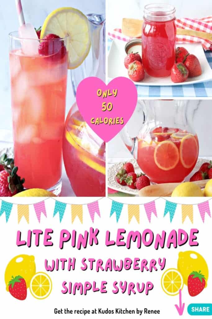 A three photo collage along with a title text overlay for Lite Pink Lemonade with Strawberry Simple Syrup.