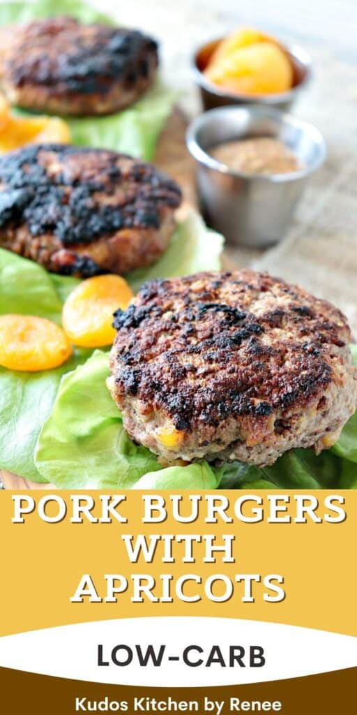 A vertical title text closeup image of Pork Burgers with Dried Apricots along with lettuce leaves and dried apricots in the photo.