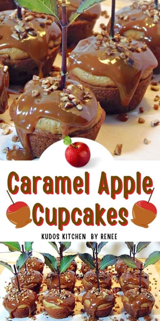 A two image vertical collage along with a cute title text overlay graphic for Caramel Apple Cupcakes.