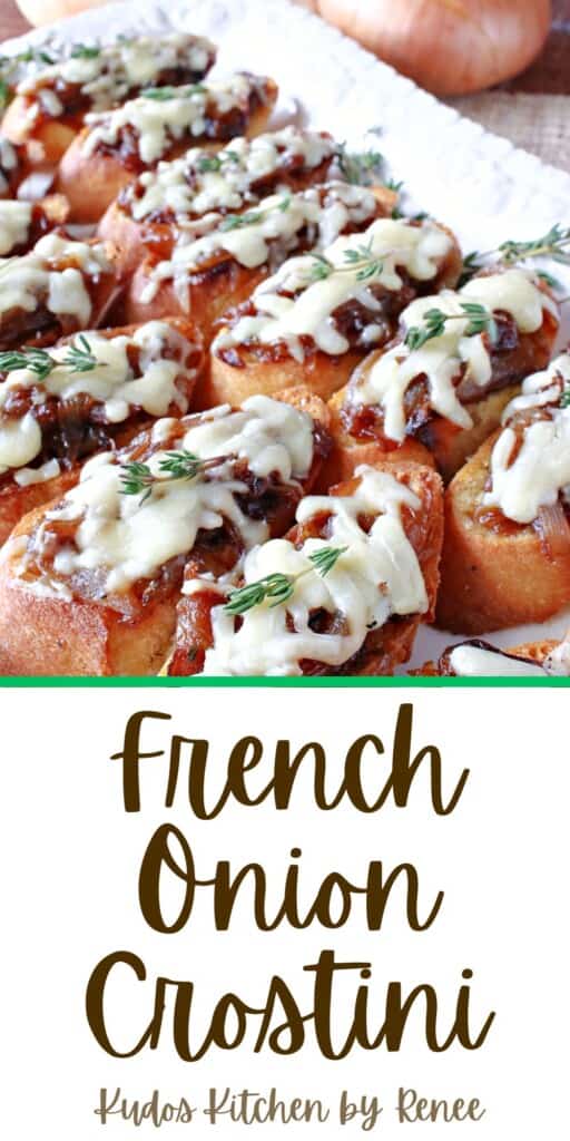 A Pinterest pin for French Onion Crostini with a title text.
