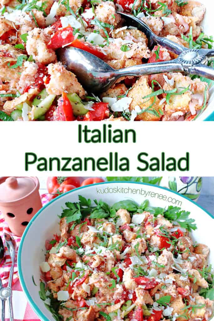 A two image vertical collage for Italian Panzanella Salad with a title text overlay graphic.