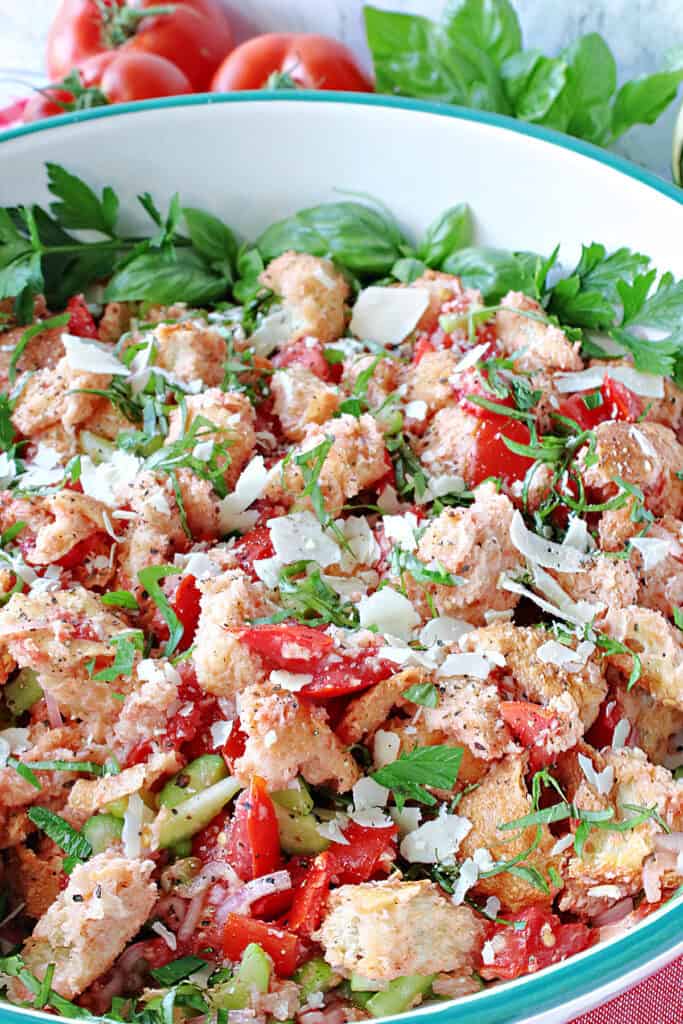 A vertical close up of an Italian Panzanella Salad in a large serving bowl with fresh tomatoes, cheese, and fresh herbs.