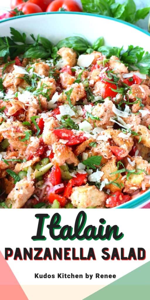 A vertical collage featuring a title text overlay graphic for an Italian Panzanella Salad with tomatoes, cheese, and basil.