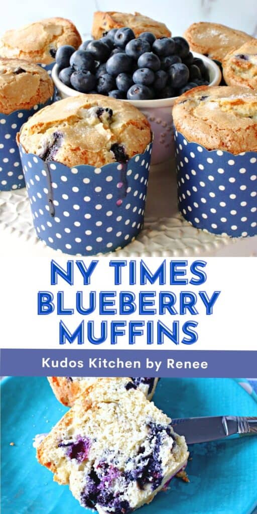 A vertical two image collage along with a title text overlay graphic for NY Times Blueberry Muffins in blue and white polka dot cups.