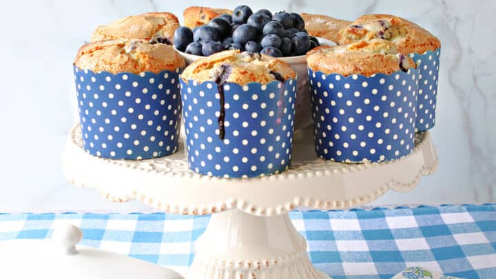 A white cake stand filled with some NY Times Blueberry Muffins in blue and white polka dot cups.