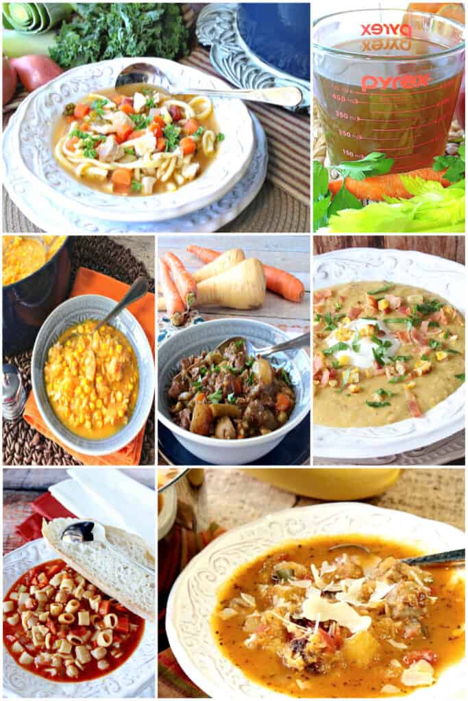 A vertical collage filled with images of Soup, Stew, and Chowder recipes from Kudos Kitchen by Renee.