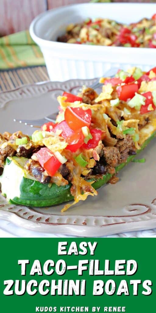 A vertical closeup image of a Taco-Filled Zucchini Boat along with a title text overlay graphic.