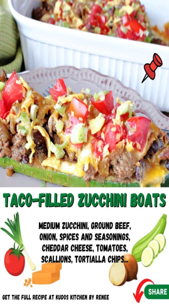 A vertical closeup along with a title text and cute ingredient graphics for Taco-Filled Zucchini Boats.