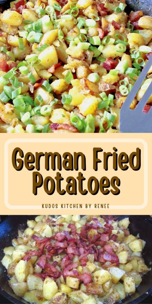 A vertical two image collage of German Fried Potatoes along with a title text overlay graphic.