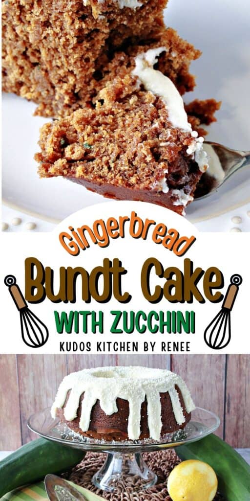 A vertical two image collage of Gingerbread Bundt Cake with Zucchini along with a title text overlay graphic.