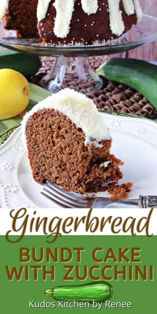 A vertical closeup of a slice of Gingerbread Bundt Cake with Zucchini on a plate along with a title text overlay graphic under the image.