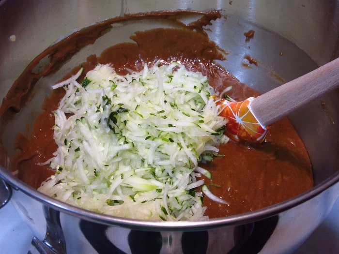 Grated zucchini in a cake batter.