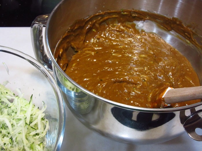 Cake batter with shredded zucchini.