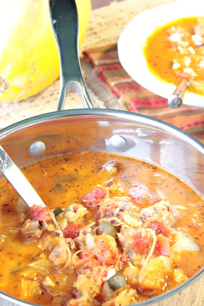 A vertical closeup of a pot of Spaghetti Squash Soup in the foreground with a bowl of soup in the background.