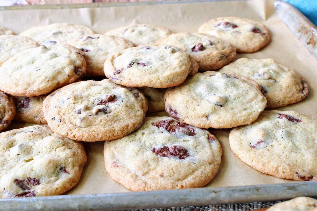 A bunch of Chocolate Chip Espresso Bean Cookies on a baking sheet with parchment paper.