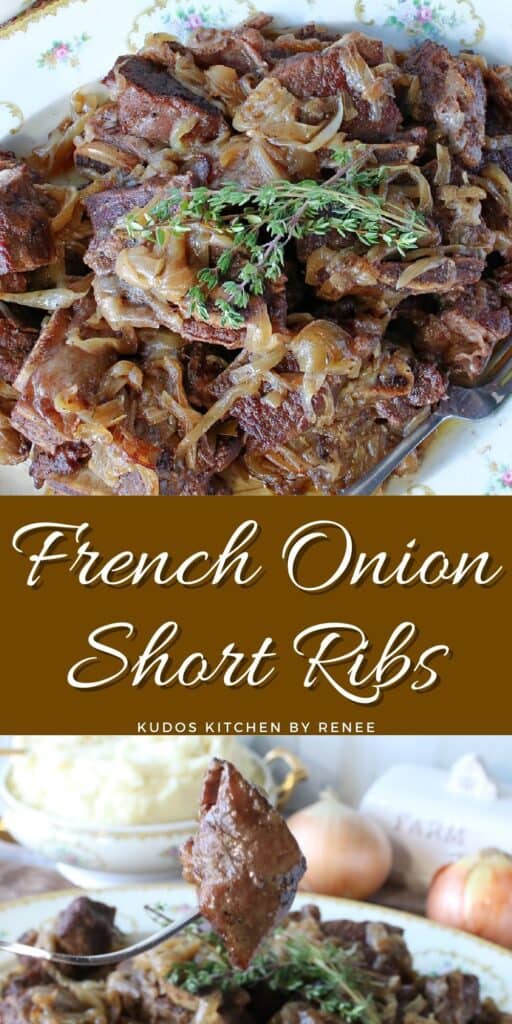 A vertical two image collage of French Onion Short Ribs along with a title text overlay graphic in the center.