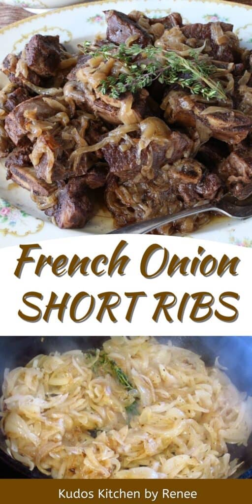 A two image vertical collage of French Onion Short Ribs with caramelized onions and fresh thyme along with a title text overlay graphic.