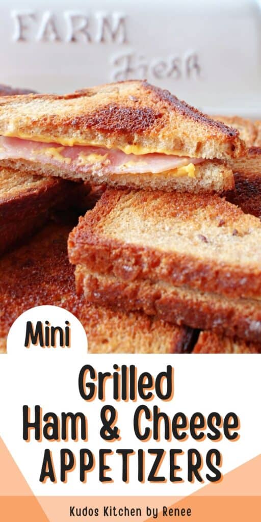 A vertical closeup along with a title text overlay graphic for Mini Grilled Ham and Cheese Appetizers with melted cheese and ham.