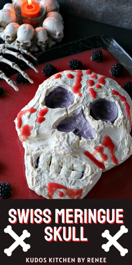 A vertical image of a Swiss Meringue Skull with fake strawberry blood on a platter along with a title text overlay graphic.