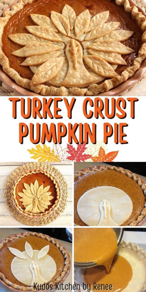 A vertical collage image along with a title text overlay graphic for how to make a Turkey Crust Pumpkin Pie.