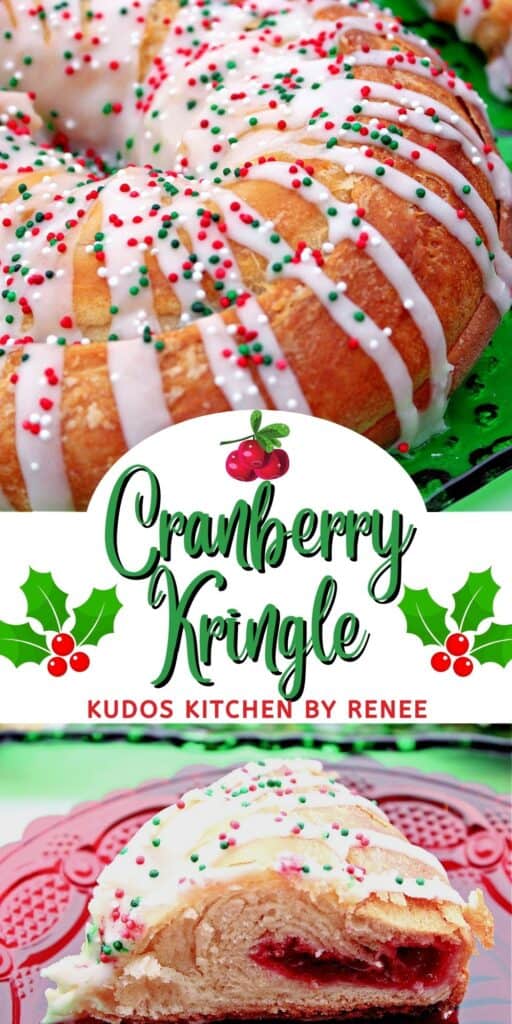 A vertical two image collage along with a holiday title text overlay graphic for a Cranberry Kringle